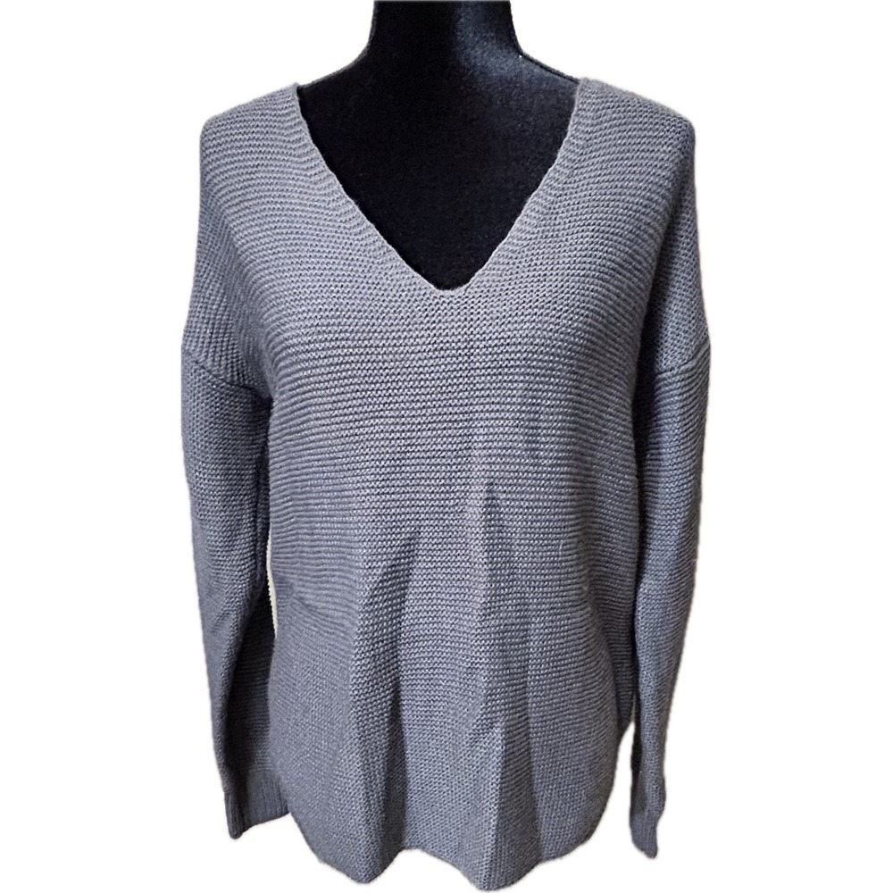 Black Tape Women's S Sweater NWT Dark Charcoal V Neck Waffle Knit Pullover